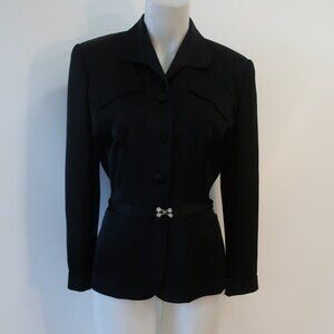 NWT Womens Zelda Black Satin Rhinestone Belted Button-Up Jacket Blazer 4